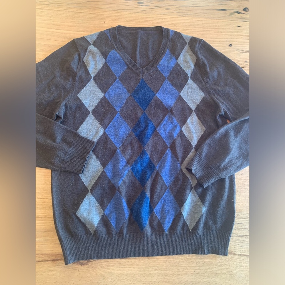 Apt 9 V Neck Merino Wool Argyle Sweater Long Sleeve Brown Blue Women’s XL Prelov